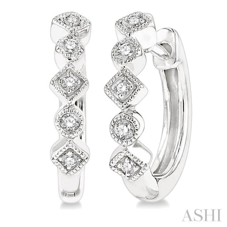 1/10 Ctw Circular & Rhombus Mount Round Cut Diamond Huggie Petite Earrings in 10K White Gold