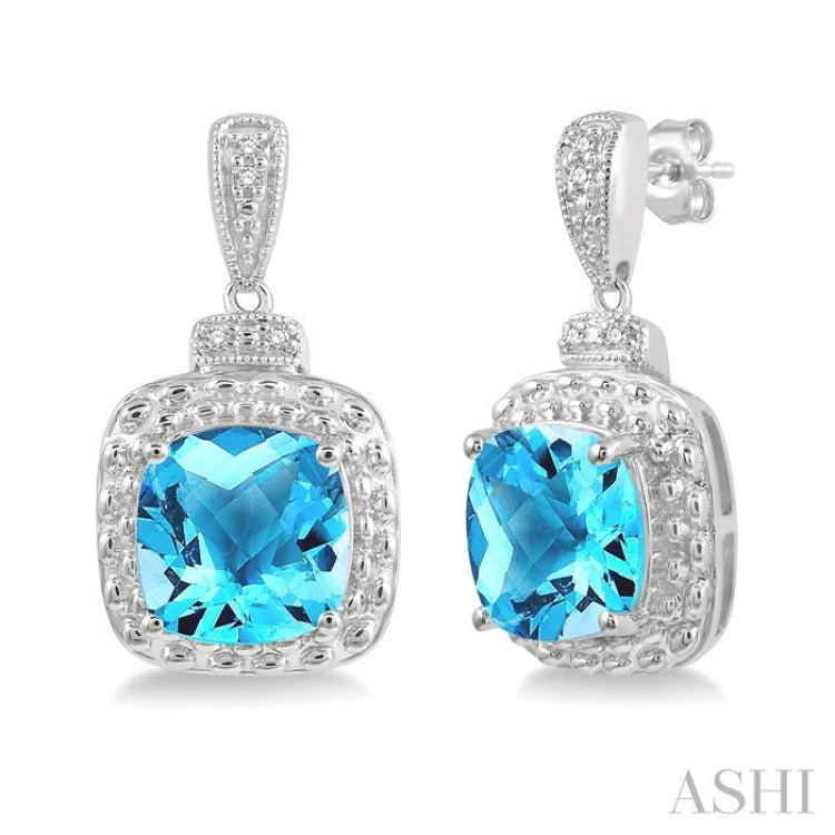 8x8 MM Cushion Shape Blue Topaz and 1/50 Ctw Round Cut Diamond Semi-Precious Earrings in Sterling Silver