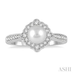 7 MM Cultured Pearl and 1/4 Ctw Round Cut Diamond Halo Ring in 10K White Gold