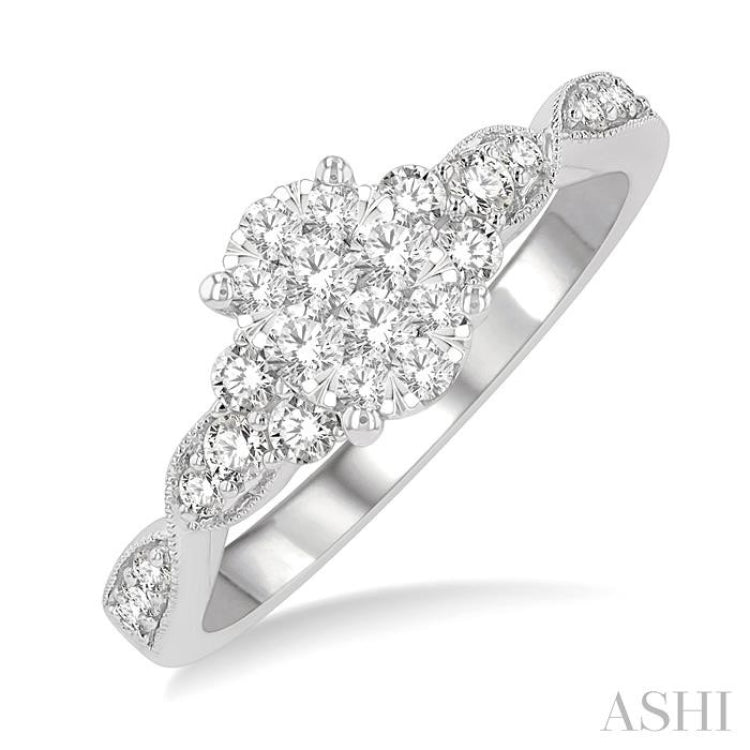 1/2 Ctw Oval Shape Center Criss Cross Carved Shank Lovebright Round Cut Diamond Engagement Ring in 14K White Gold