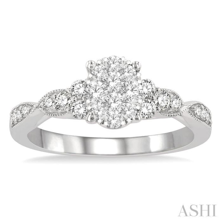 1/2 Ctw Oval Shape Center Criss Cross Carved Shank Lovebright Round Cut Diamond Engagement Ring in 14K White Gold