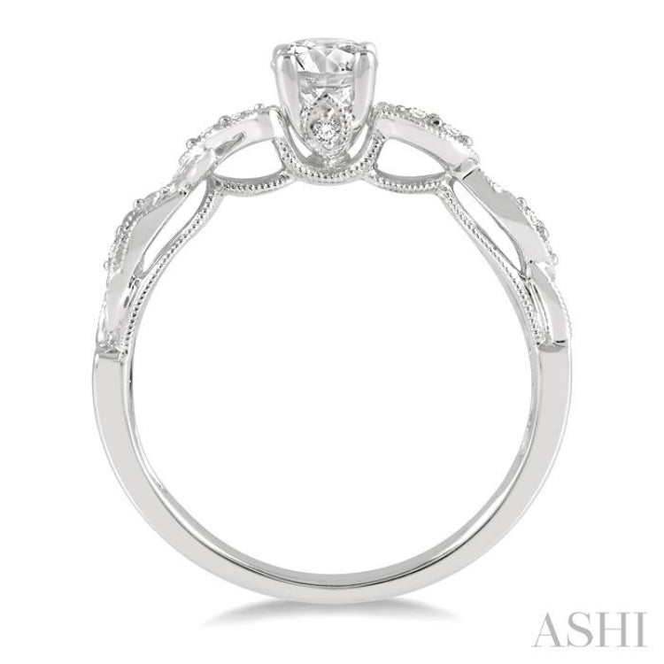 1/10 Ctw Leaf Criss Cross Shank Round Cut Diamond Semi-Mount Engagement Ring in 14K White Gold