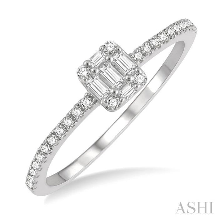 1/4 Ctw Cushion Shape Petite Baguette and Round Cut Diamond Fashion Promise Ring in 10K White Gold