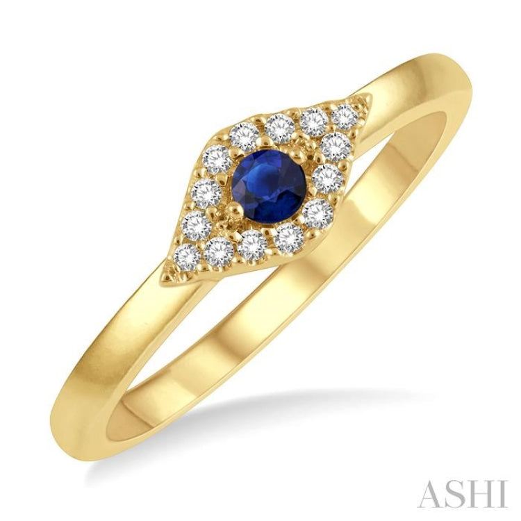 2.60 MM Round Shape Sapphire and 1/10 Ctw Evil Eye Petite Round Cut Diamond Precious Ring in 10K Yellow Gold