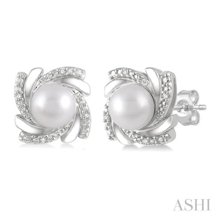 6x6 MM Round Shape Cultured Pearls and 1/50 Ctw Swirl Round Cut Diamond Earring in Sterling Silver