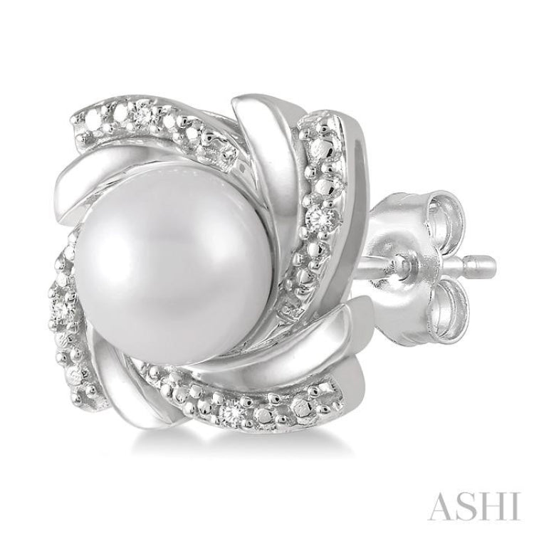 6x6 MM Round Shape Cultured Pearls and 1/50 Ctw Swirl Round Cut Diamond Earring in Sterling Silver