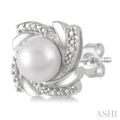 6x6 MM Round Shape Cultured Pearls and 1/50 Ctw Swirl Round Cut Diamond Earring in Sterling Silver