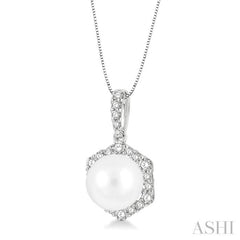 8 MM Cultured Pearl and 1/3 Ctw Hexagon Shape Round Cut Diamond Pendant With Chain in 14K White Gold