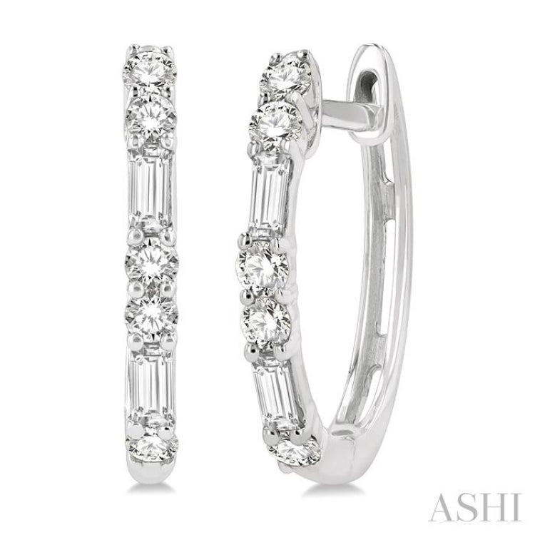 1/3 Ctw Baguette and Single Cut Diamond Petite Huggies in 14K White Gold