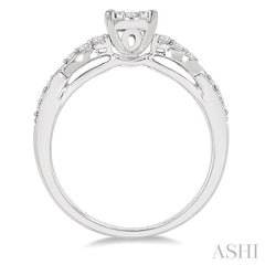1/2 Ctw Oval Shape Center Criss Cross Carved Shank Lovebright Round Cut Diamond Engagement Ring in 14K White Gold