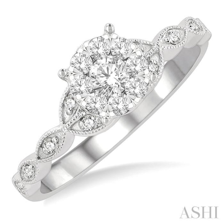 1/3 Ctw Marquise Shank Circular Lovebright Round Cut Diamond Engagement Ring in 14K White Gold