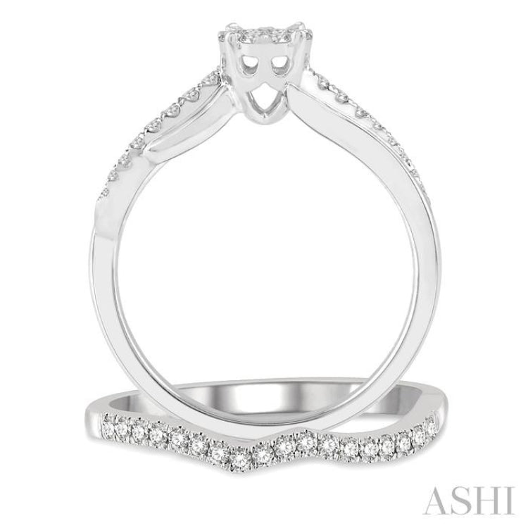 1/2 Ctw Lovebright Diamond Wedding Set With 1/3 Ctw Circular Mount Bypass Engagement Ring and 1/6 Ctw Chevron Wedding Band in 14K White Gold