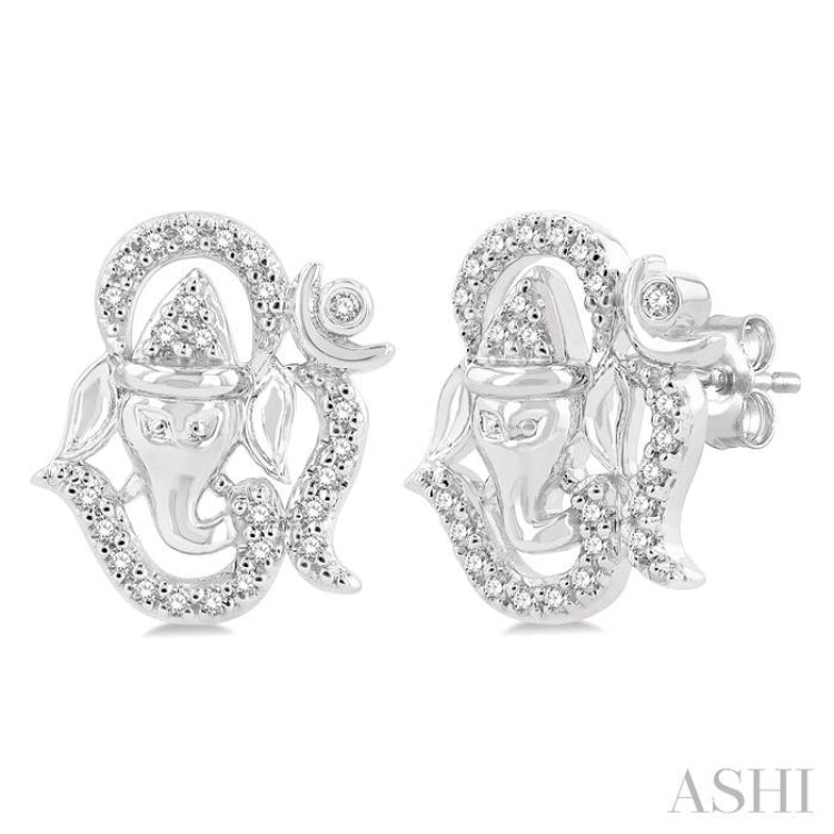 1/6 Ctw Petite Ganesha in 'OM' Symbol Round Cut Diamond Fashion Stud Earring in 10K White Gold