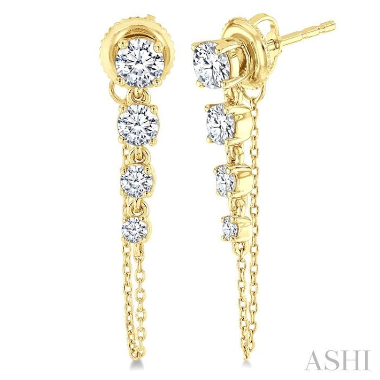 1 Ctw Journey Round Cut Diamond Fashion Long Chain Earring in 14K Yellow Gold