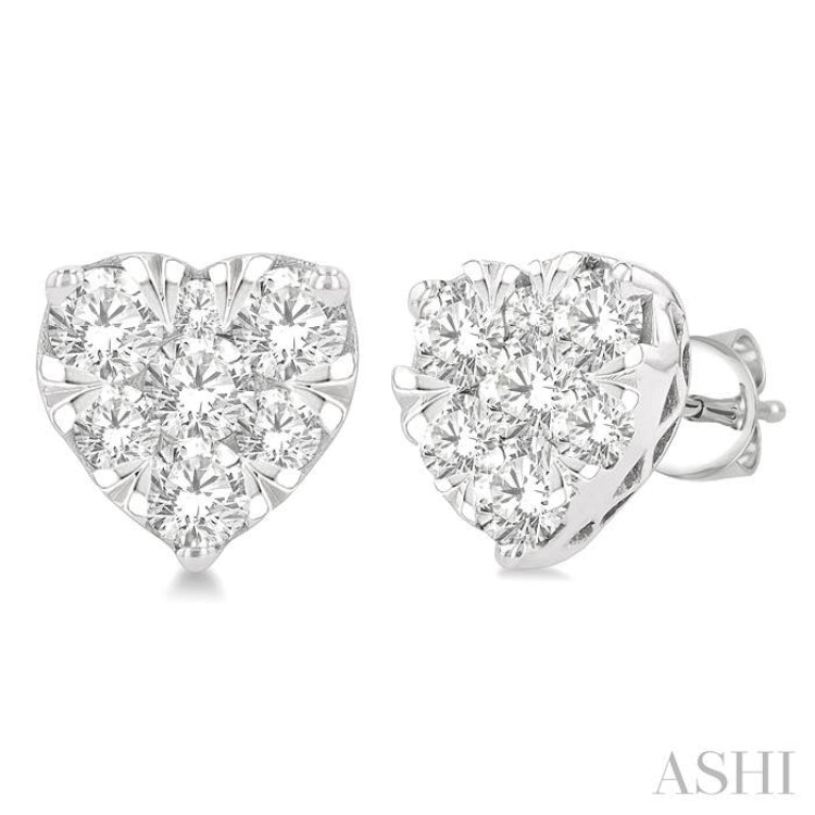 1 Ctw Heart Shape Lovebright Round Cut Diamond Stud Earring in 14K White Gold