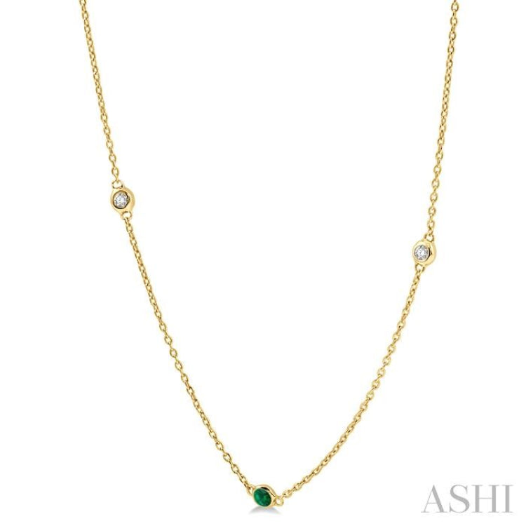2.25 MM Emerald and 1/4 Ctw Round Cut Diamond Precious Station Necklace in 14K Yellow Gold