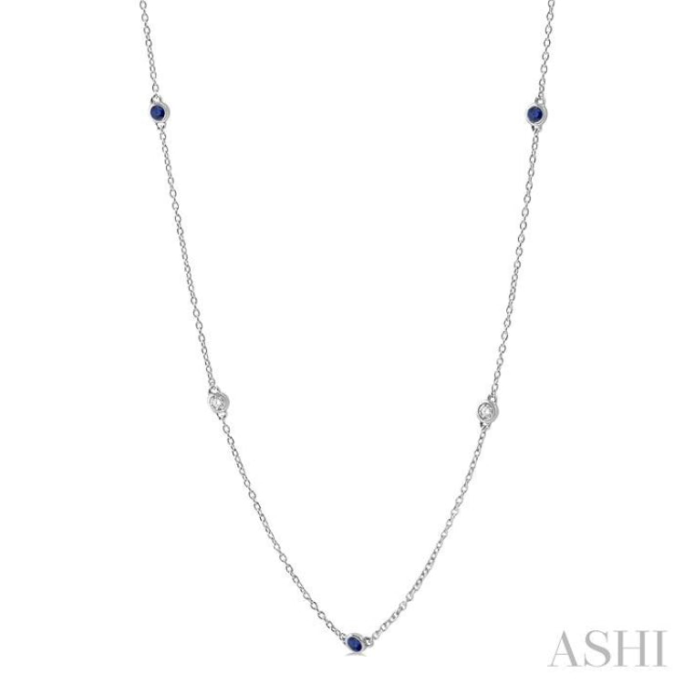 2.6 MM Sapphire and 3/8 Ctw Round Cut Diamond Precious Station Necklace in 14K White Gold