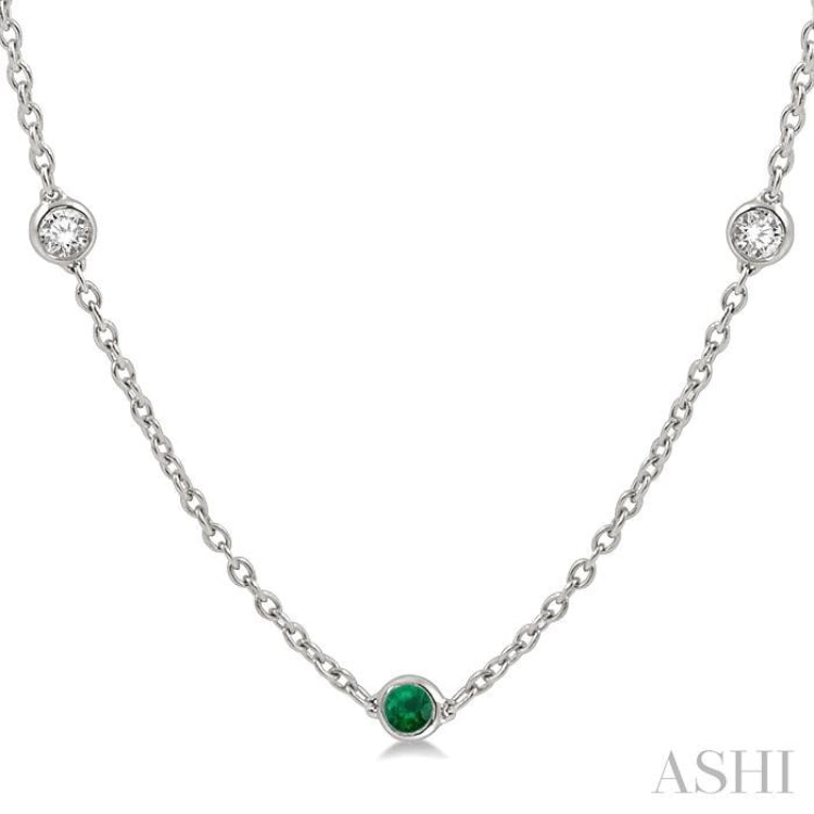2.85 MM Emerald and 1/2 Ctw Round Cut Diamond Precious Station Necklace in 14K White Gold