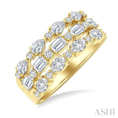 1 1/2 Ctw Triple Row Multi-Cut Diamond Fashion Band in 14K Yellow Gold