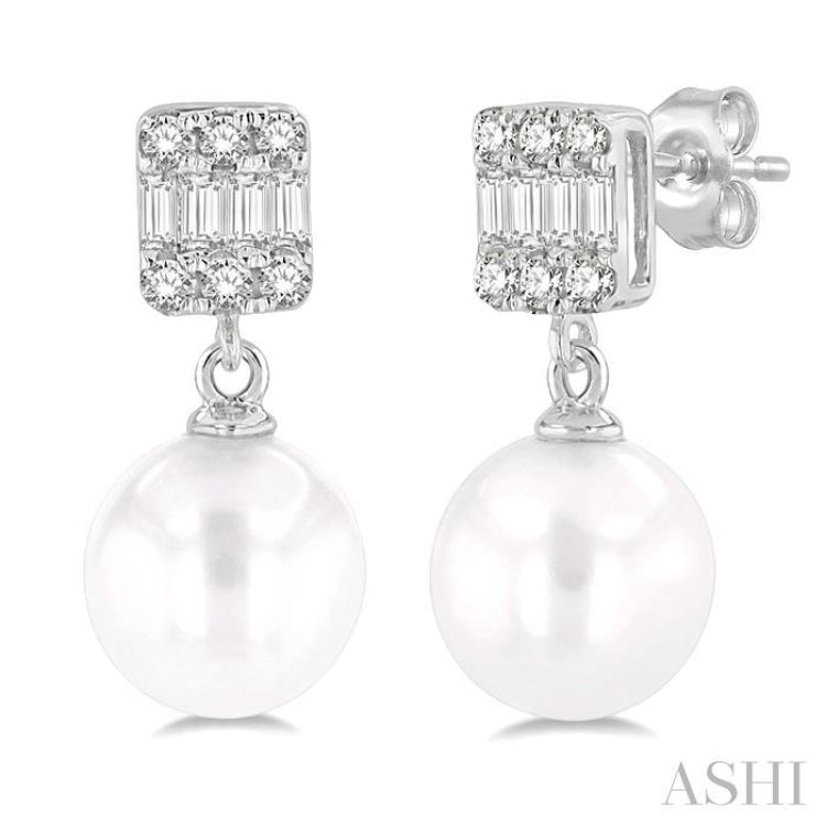 6 MM Cultured Pearls and 1/10 Ctw Baguette and Round Cut Diamond Earrings in 10K White Gold
