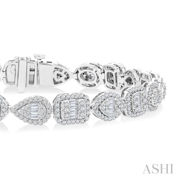 3 1/5 Ctw Mixed Shape Halo Fusion Baguette and Round Cut Diamond Bracelet in 14K White Gold