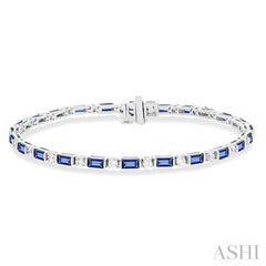 4X2 MM Baguette Cut Sapphire and 1 1/10 Ctw Art Deco Round Cut Diamond Precious Bracelet in 14K White Gold