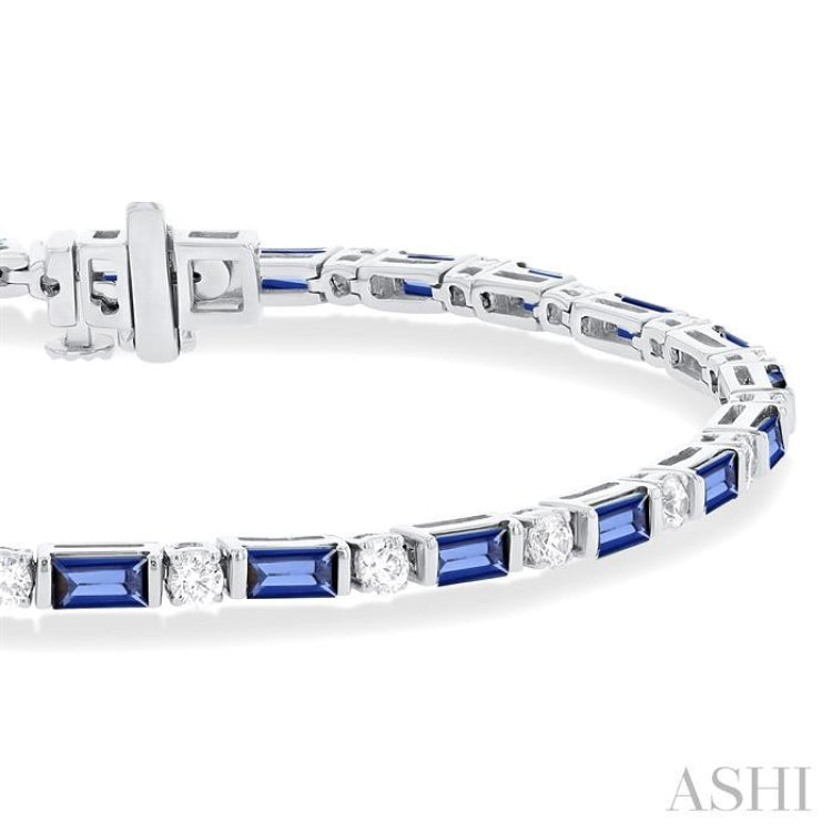 4X2 MM Baguette Cut Sapphire and 1 1/10 Ctw Art Deco Round Cut Diamond Precious Bracelet in 14K White Gold