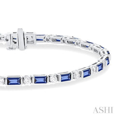 4X2 MM Baguette Cut Sapphire and 1 1/10 Ctw Art Deco Round Cut Diamond Precious Bracelet in 14K White Gold