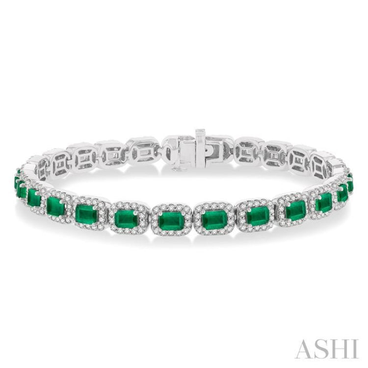 4X3 MM Emerald Cut Emerald and 2 1/5 Ctw Round Cut Diamond Halo Precious Bracelet in 14K White Gold