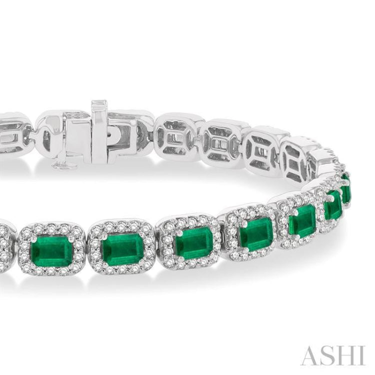 4X3 MM Emerald Cut Emerald and 2 1/5 Ctw Round Cut Diamond Halo Precious Bracelet in 14K White Gold