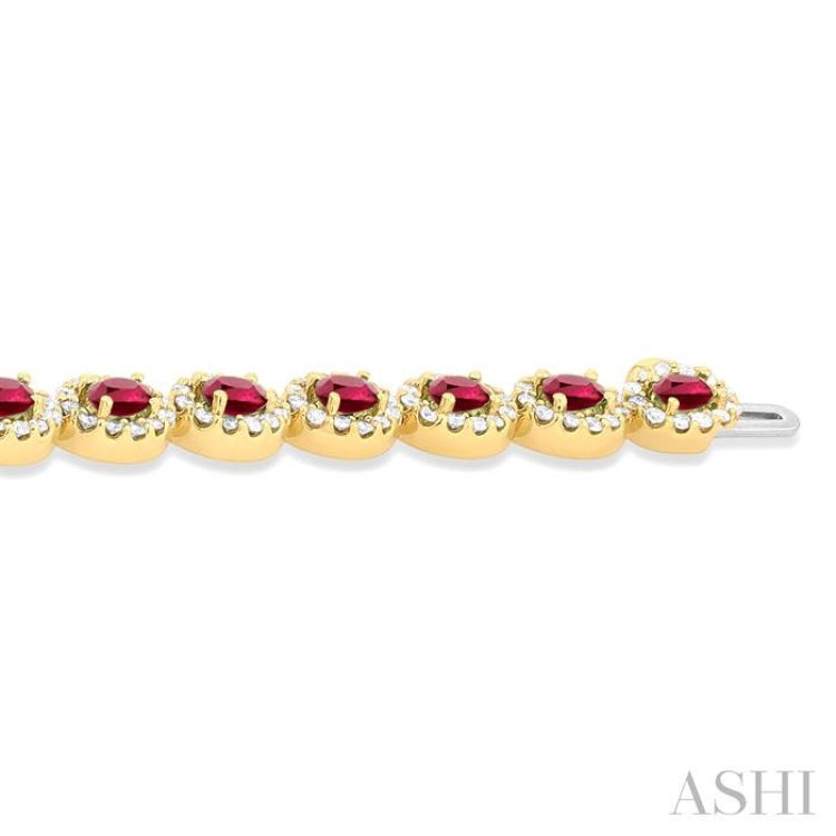 4X3 MM Oval Cut Ruby and 2 1/6 Ctw Round Cut Diamond Halo Precious Bracelet in 14K Yellow Gold