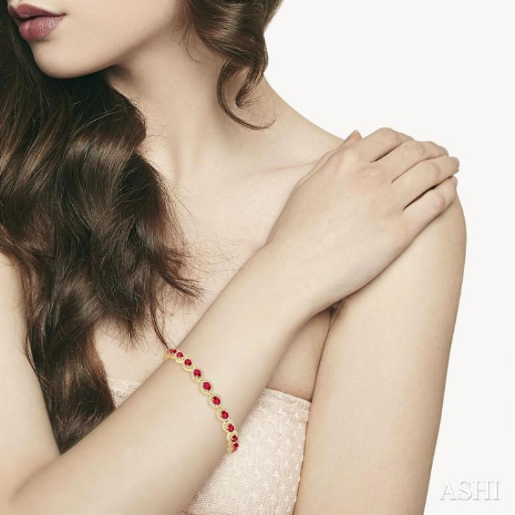 4X3 MM Oval Cut Ruby and 2 1/6 Ctw Round Cut Diamond Halo Precious Bracelet in 14K Yellow Gold