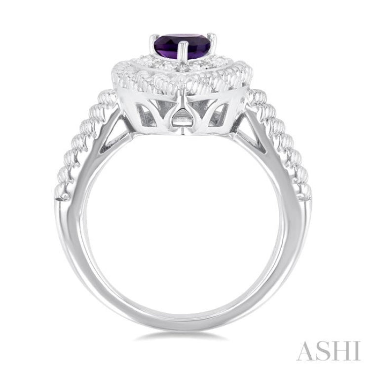 7X5 MM Pear Cut Amethyst and 1/20 Ctw Round Cut Diamond Semi-Precious Ring in Sterling Silver