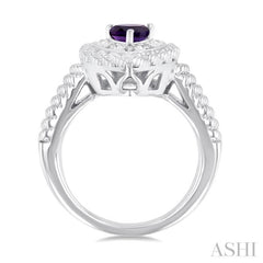 7X5 MM Pear Cut Amethyst and 1/20 Ctw Round Cut Diamond Semi-Precious Ring in Sterling Silver