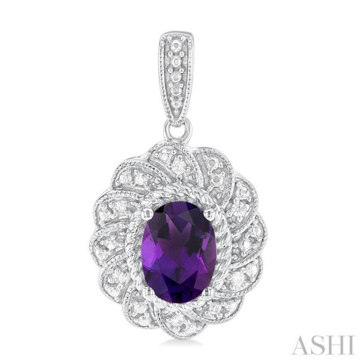 7X5 MM Oval Cut Amethyst and 1/20 Ctw Round Cut Diamond Semi-Precious Earring in Sterling Silver