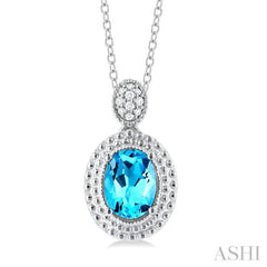 8X6 MM Oval Cut Blue Topaz and 1/20 Ctw Round Cut Diamond Semi-Precious Pendant With Chain in Sterling Silver