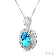 8X6 MM Oval Cut Blue Topaz and 1/20 Ctw Round Cut Diamond Semi-Precious Pendant With Chain in Sterling Silver