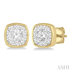 1/3 Ctw Cushion Shape Round Cut Diamond Lovebright Bezel Stud Earring in 14K Yellow and White Gold