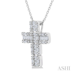 1/2 Ctw Fusion Baguette and Round Cut Diamond Cross Fashion Pendant With Chain in 14K White Gold