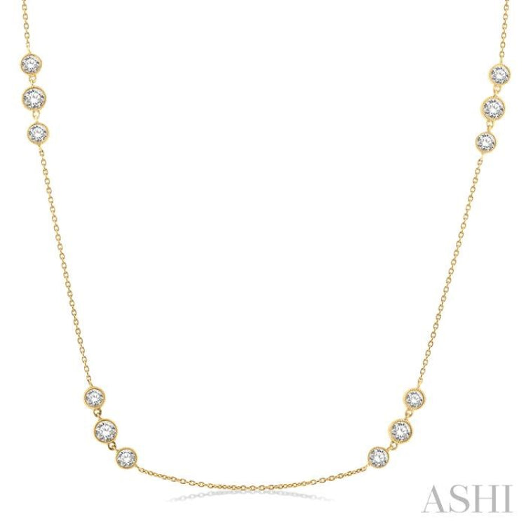 2 Ctw Three Stone Bezel Set Round Cut Diamond Station Necklace in 14K Yellow Gold