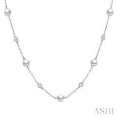 5 MM Round Shape Cultured Pearls and 1/4 Ctw Round Cut Diamond Station Necklace in 14K White Gold