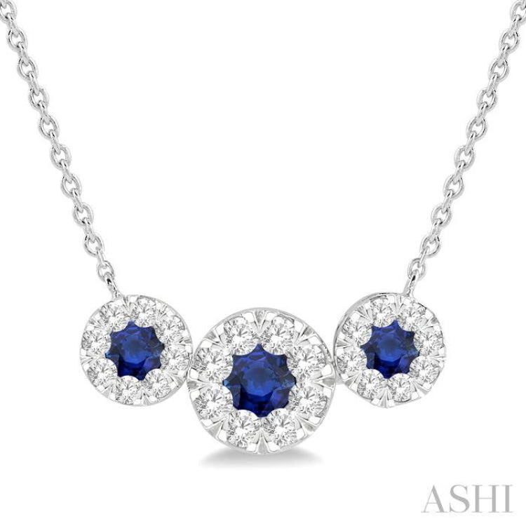 3.8 MM & 3 MM Sapphire and 5/8 Ctw Round Cut Diamond Past Present & Future Precious Necklace in 14K White Gold