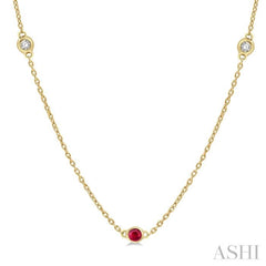 1.75 MM Ruby and 1/6 Ctw Round Cut Diamond Precious Station Necklace in 14K Yellow Gold