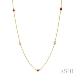 2.6 MM Ruby and 3/8 Ctw Round Cut Diamond Precious Station Necklace in 14K Yellow Gold