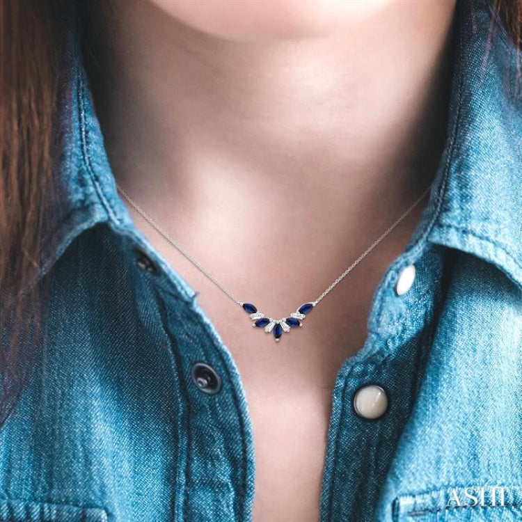 5x2.5 MM Marquise Cut Sapphire and 1/6 Ctw Baguette Cut Diamond Precious Gemstone Necklace in 14K White Gold