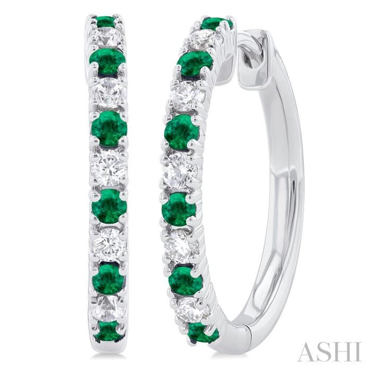 1.80 MM Round Shape Emerald and 1/4 Ctw Round Cut Diamond Precious Hoop Earring in 10K White Gold
