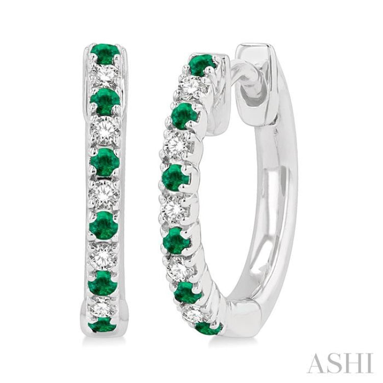 1.35 MM Round Shape Emerald and 1/10 Ctw Petite Round Cut Diamond Precious Fashion Huggies in 10K White Gold