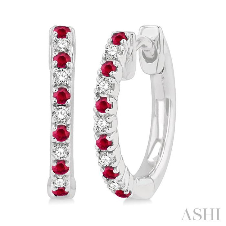 1.35 MM Round Shape Ruby and 1/10 Ctw Round Cut Diamond Petite Precious Fashion Huggies in 10K White Gold
