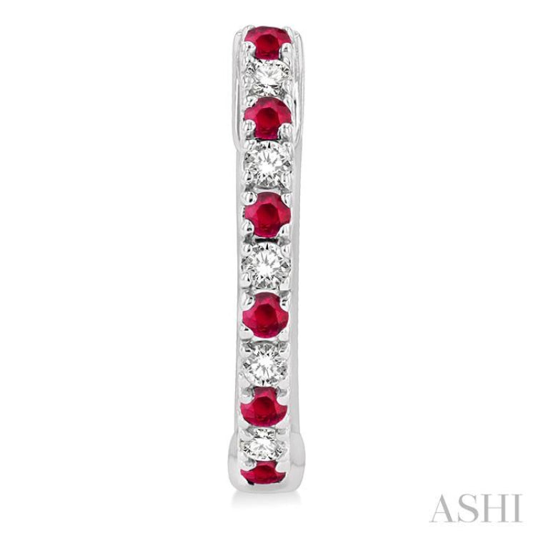 1.35 MM Round Shape Ruby and 1/10 Ctw Round Cut Diamond Petite Precious Fashion Huggies in 10K White Gold