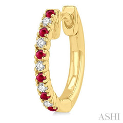1.35 MM Round Shape Ruby and 1/10 Ctw Petite Round Cut Diamond Precious Fashion Huggies in 10K Yellow Gold